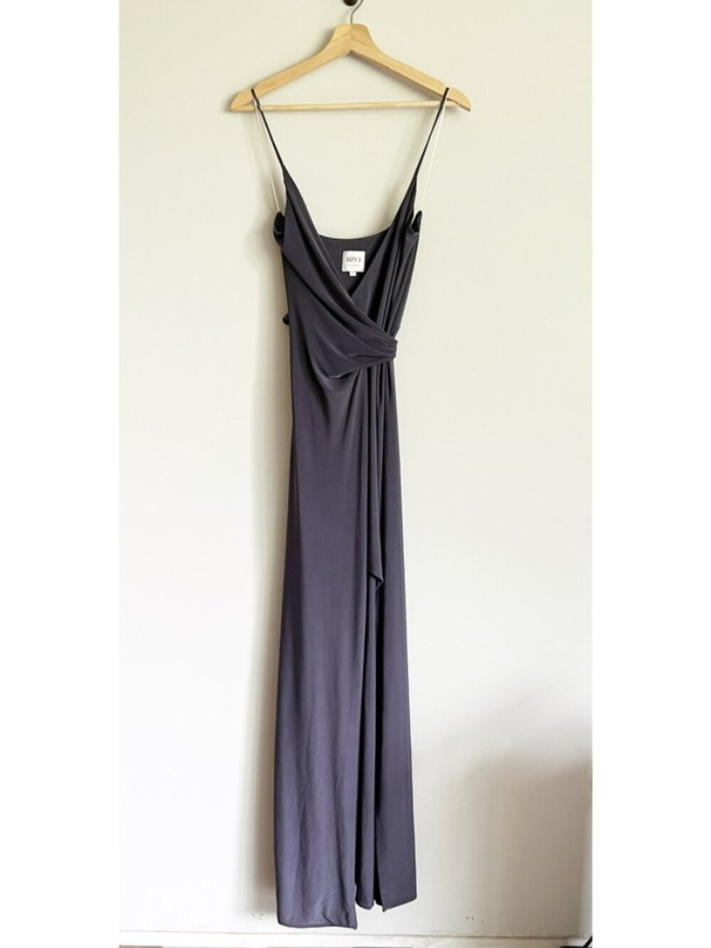 Misa LA Dress Size Small Veronika Wrap Maxi Slate Gray Slinky Jersey Knit